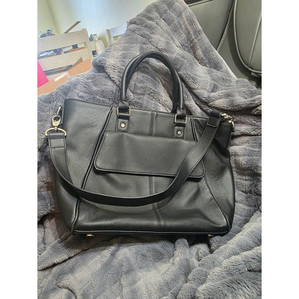 Jewell Black Pebbled Faux Leather Tote Handbag Top Zip Work Bag